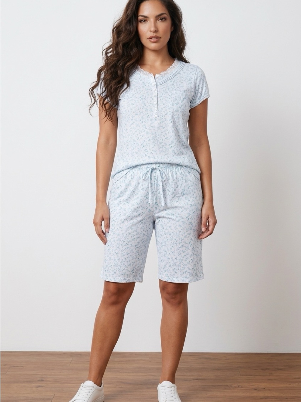 Eileen West Light Blue Floral Short Sleeve Knit Pajama Set new